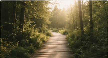 A sunlit path through a green forest